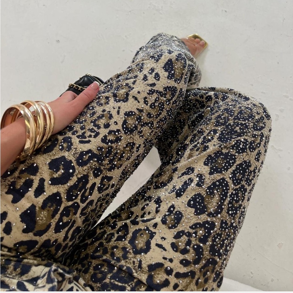 Leopard Print Pants with Rhinestones